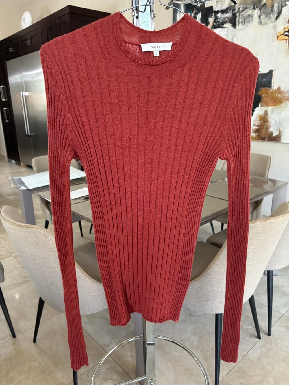 Vince Slim Ribbed Long-Sleeve Top in Brick Red